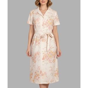 Vintage Poly Knit PINK ORANGE FLORAL 1/2 Button Belted Shirt Dress (16.5) sz M/L